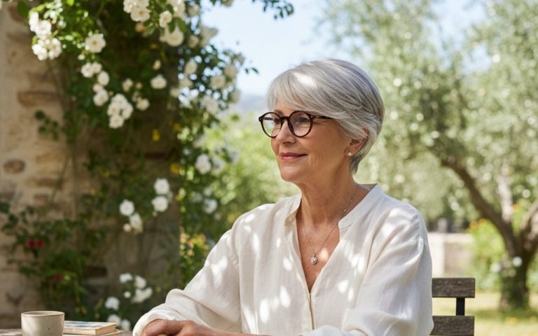 Femme de 70 ans avec une coupe courte dégradée et des lunettes, dans un cadre lumineux.
