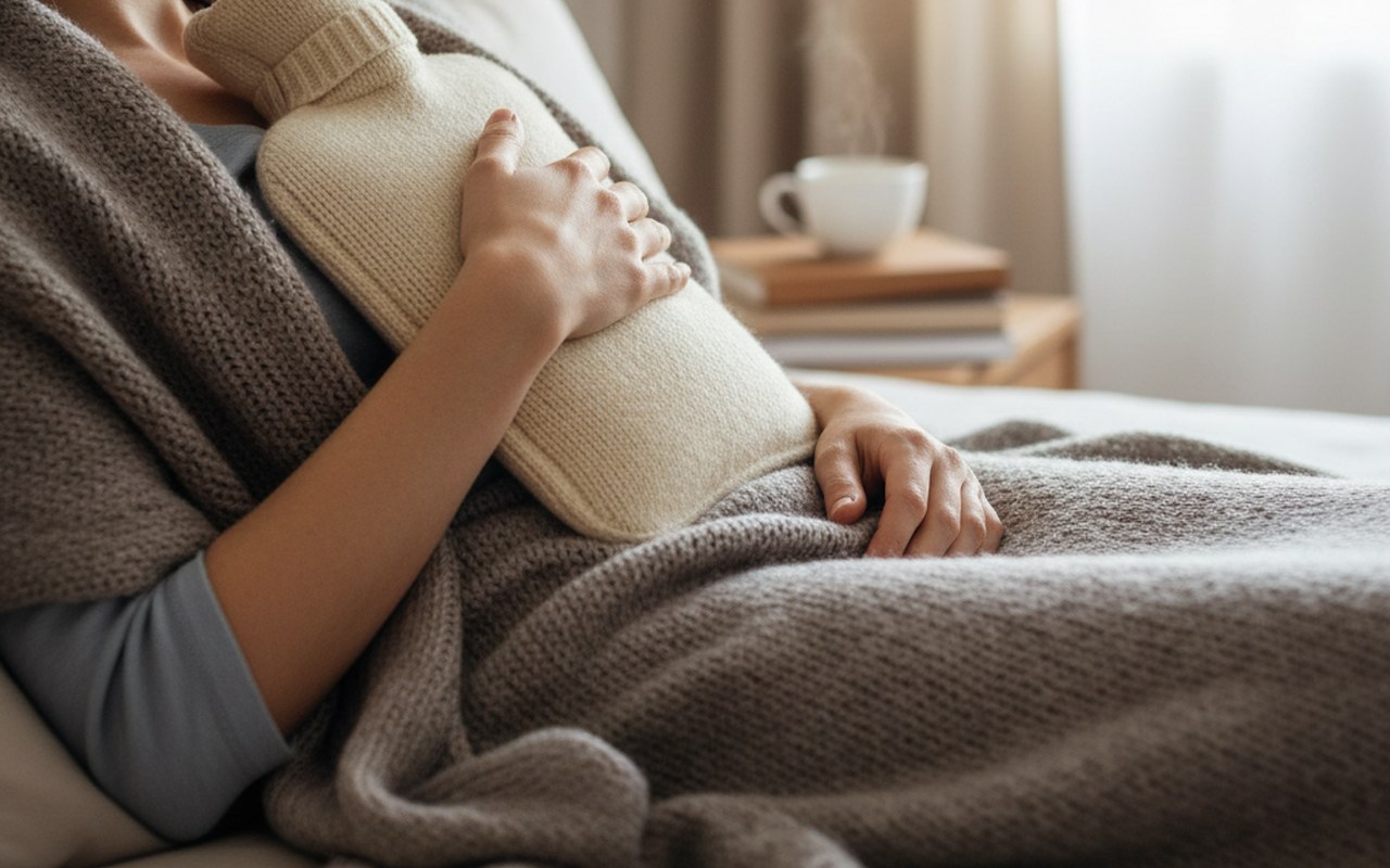 Personne utilisant une bouillotte pour soulager une douleur intercostale