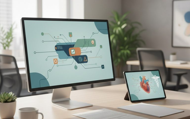 Bureau moderne avec interface de gestion des contrats santé et documents administratifs.