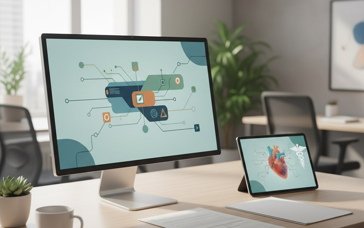 Bureau moderne avec interface de gestion des contrats santé et documents administratifs.