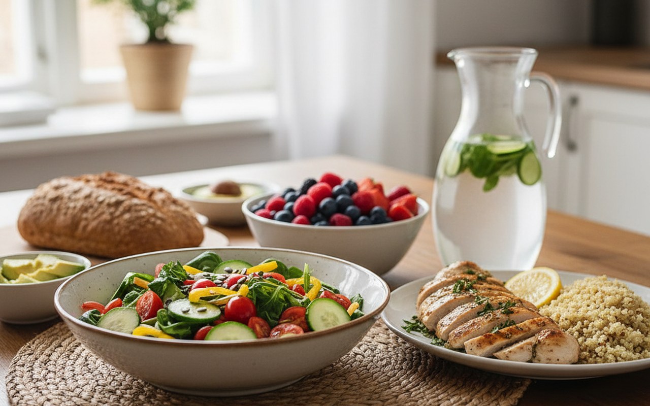 Repas équilibré avec des aliments frais et faibles en sodium pour gérer la maladie de Ménière.