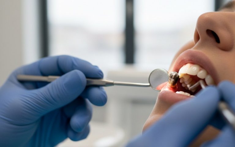 Un dentiste examine une dent décolorée, symbole de nécrose pulpaire.